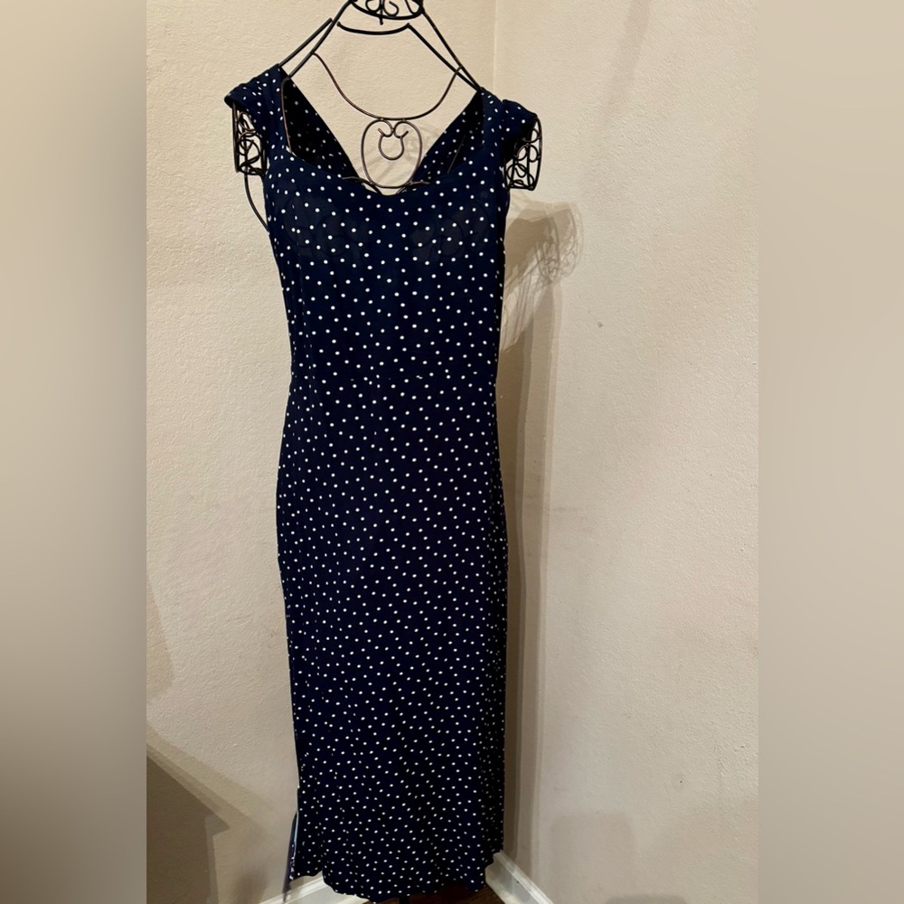 LOFT Navy Blue Midi Dress with White Polka Dots